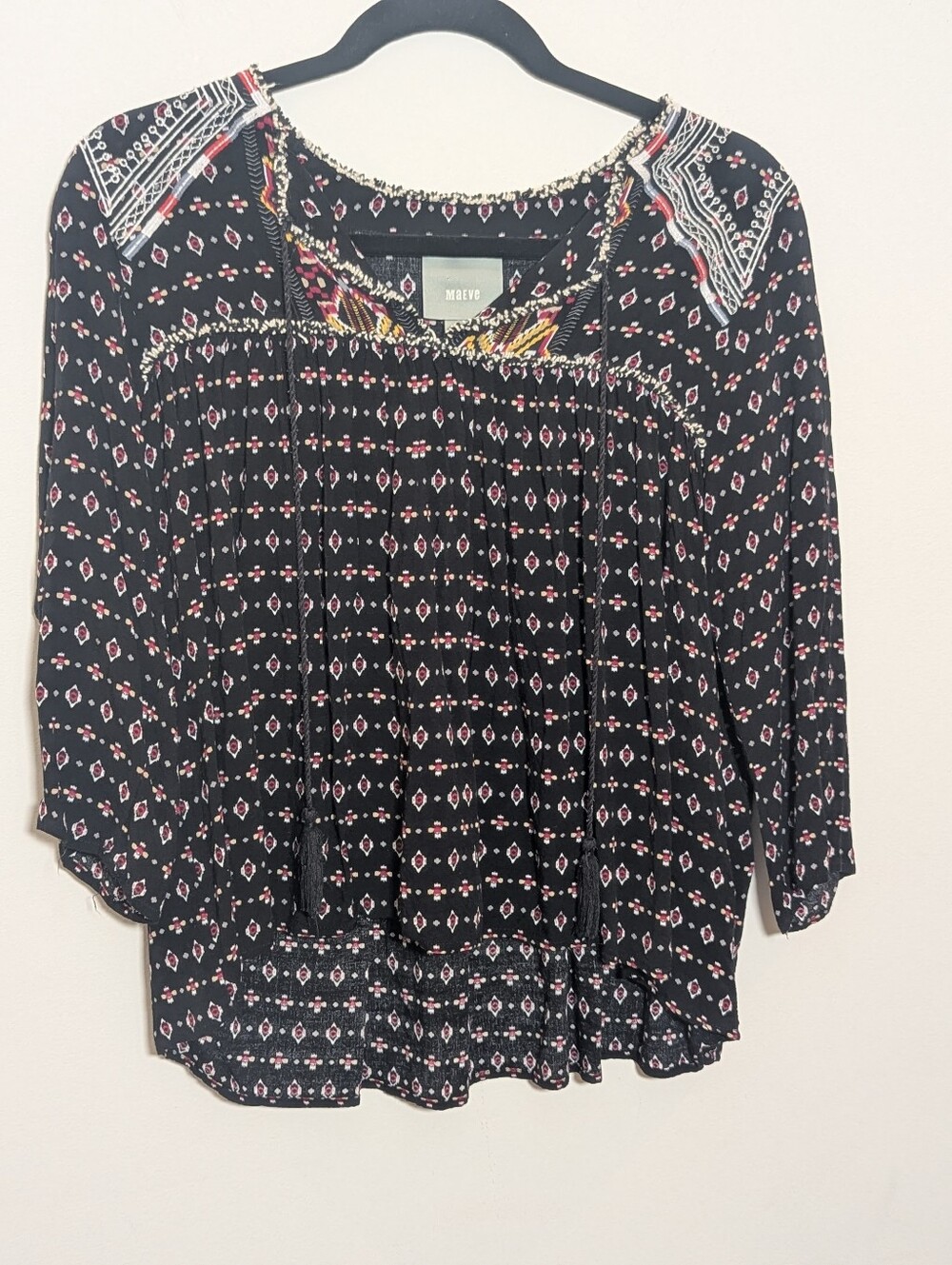 Anthropologie Maeve Umbra Black Geometric Tassel Peasant Blouse Size S